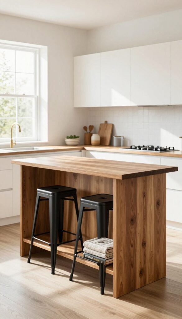 Bar-height table with built-in storage in a small kitchen