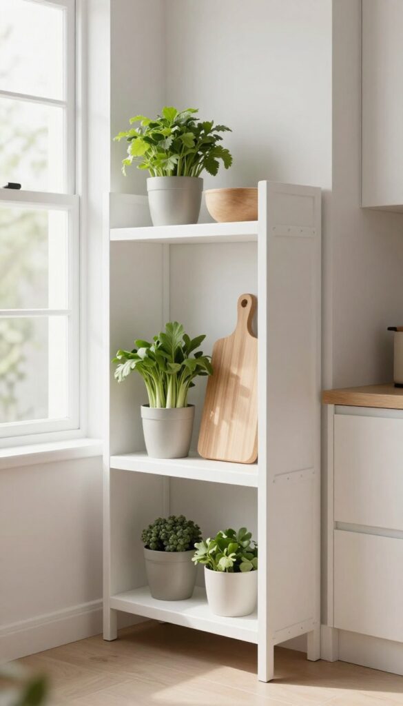 Fold-down shelf beneath kitchen window providing extra prep space