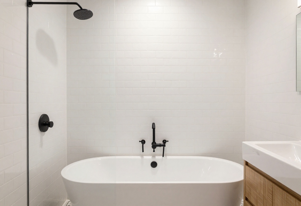 Modern bathroom with herringbone-patterned white subway tiles, a freestanding tub, and matte black fixtures in a clean, inviting space.