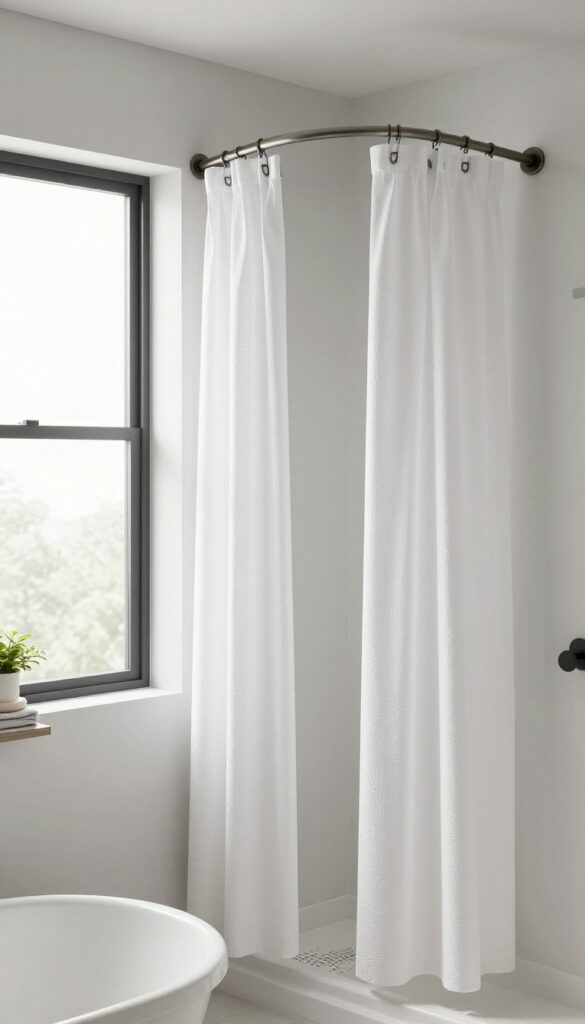 A corner shower curtain rod optimizing an L-shaped bathroom layout with natural light and stylish decor.