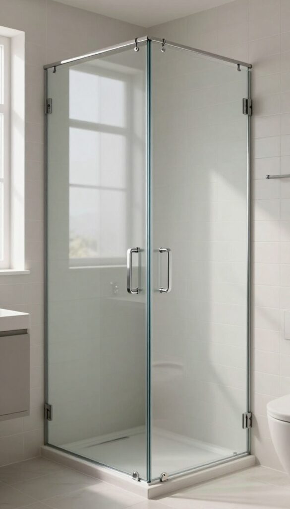 Glass shower door with vertical frosted stripe in bright modern bathroom