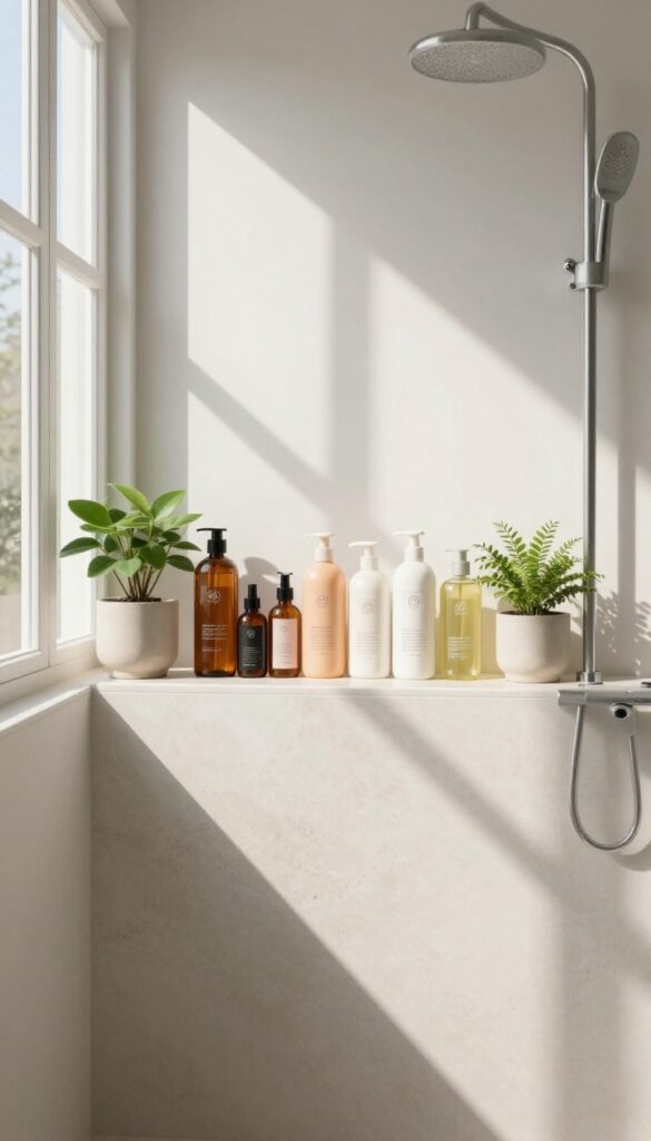 A built-in shelf under a shower window in a bathroom, displaying bath essentials and natural light for storage and decoration