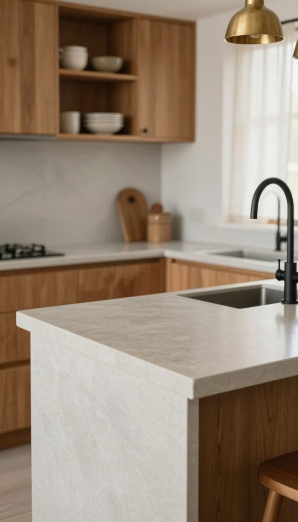 Polished concrete countertop with pale gray wash in a bright kitchen