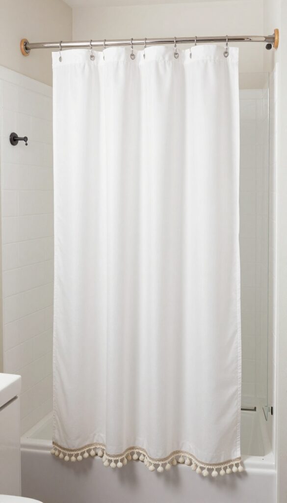 A long shower curtain with tassel or pom-pom trim in a bright, clean bathroom, highlighting playful details for home decor inspiration.