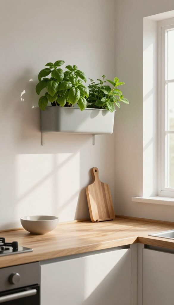 Cozy kitchen counter corner with a wall-mounted herb garden in natural light