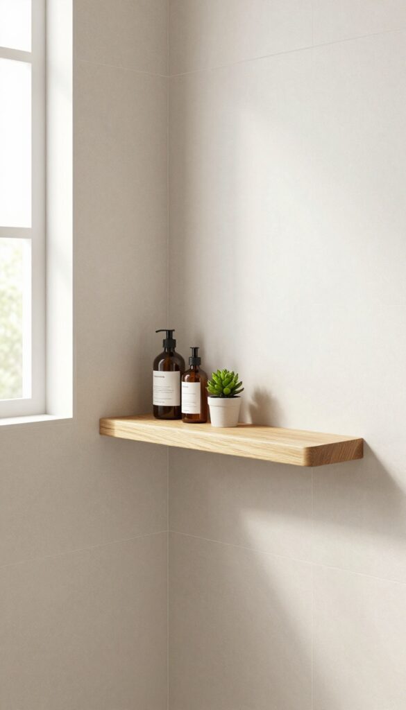 Floating wooden shelf integrated into a knee wall shower with natural light, showcasing storage and style in a bathroom setting.