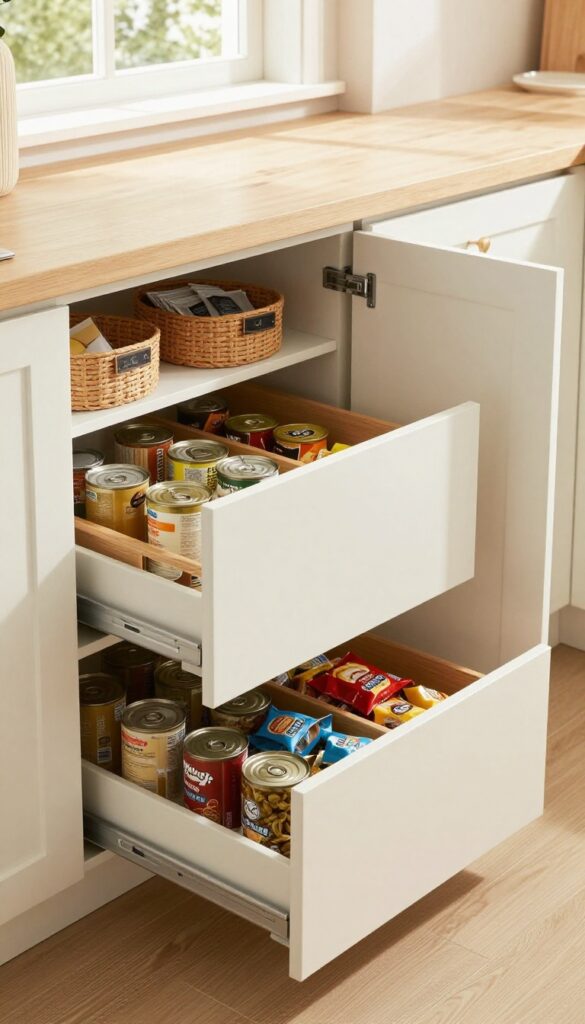 Pull-out pantry drawers in deep kitchen cabinets with organized food storage and bamboo dividers