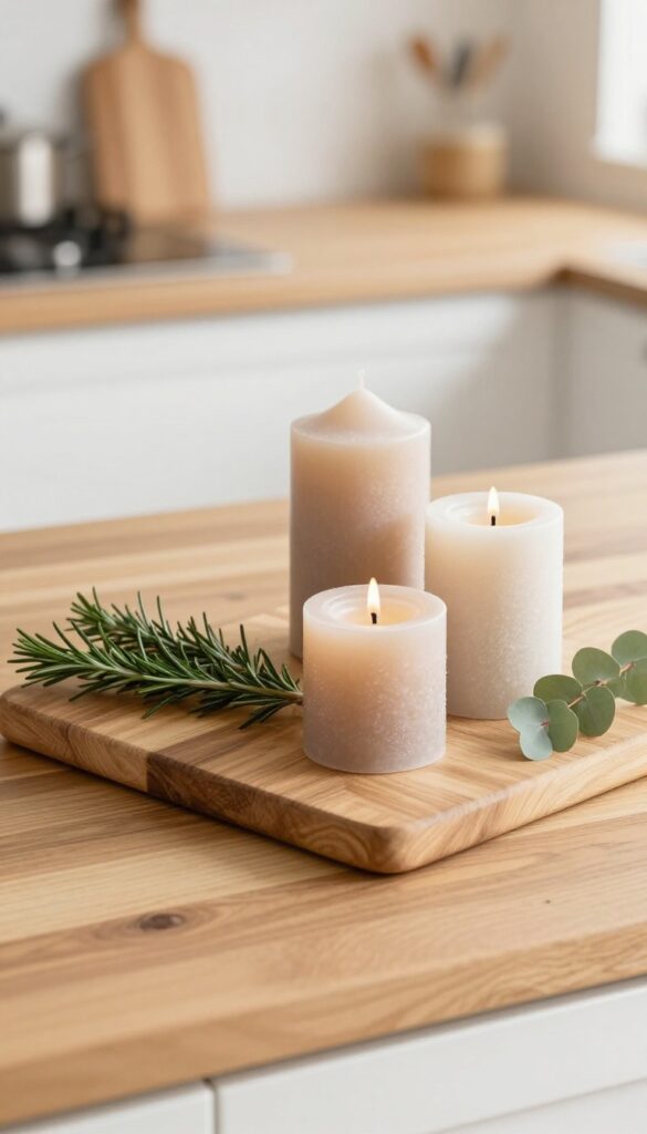 Cozy kitchen countertop Christmas vignette with candles and evergreens on a wooden cutting board.
