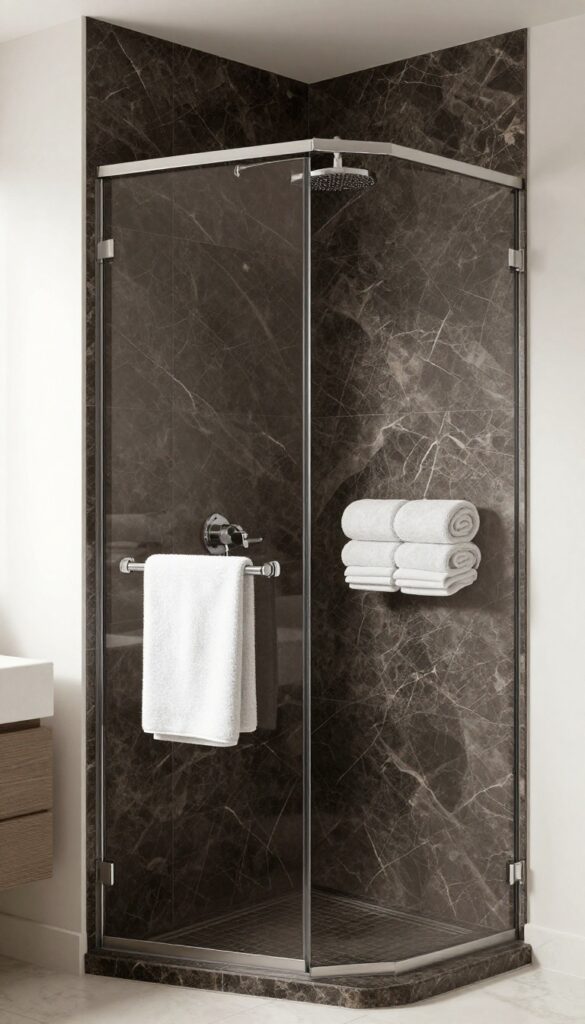 Dark marble tiles with subtle veining in a shower interior, showcasing luxury and elegance with minimalist decor and warm lighting.