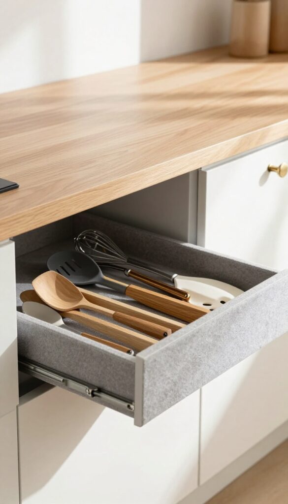 A deep drawer in a kitchen island with custom wooden dividers organizing utensils neatly.