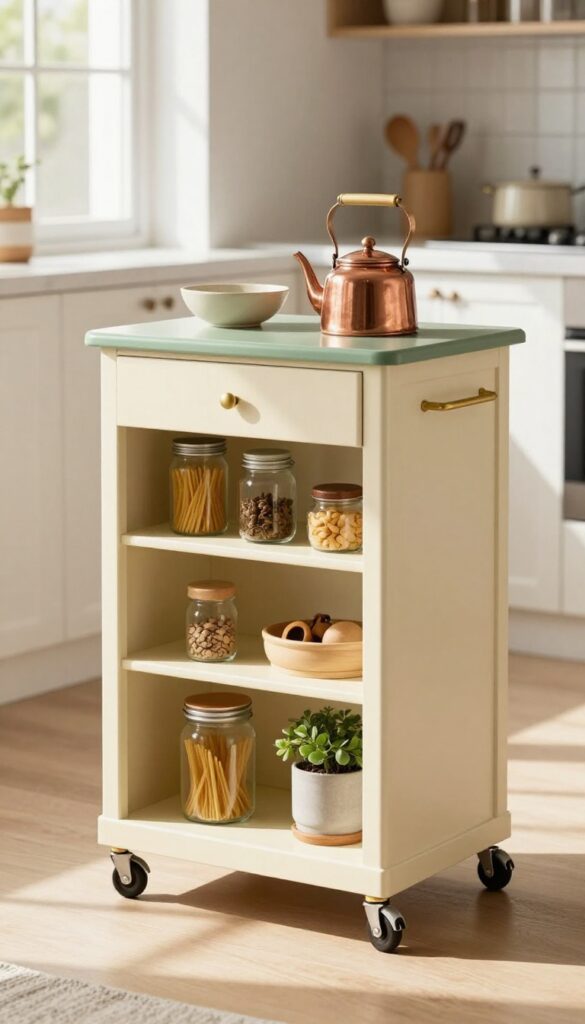 Vintage-style kitchen trolley with drawers and open shelves in a bright, sunlit kitchen, displaying glass jars, wooden utensils, and a copper teapot.