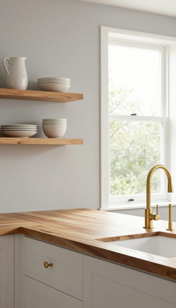 Modern kitchen with warm light gray walls, natural wood countertops and shelves, and brass hardware.