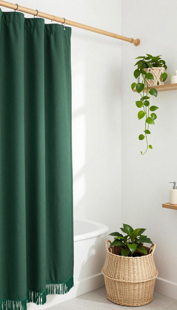 Bathroom with dark green shower curtain, fringe trim, bamboo rod, macrame planter, and woven basket.