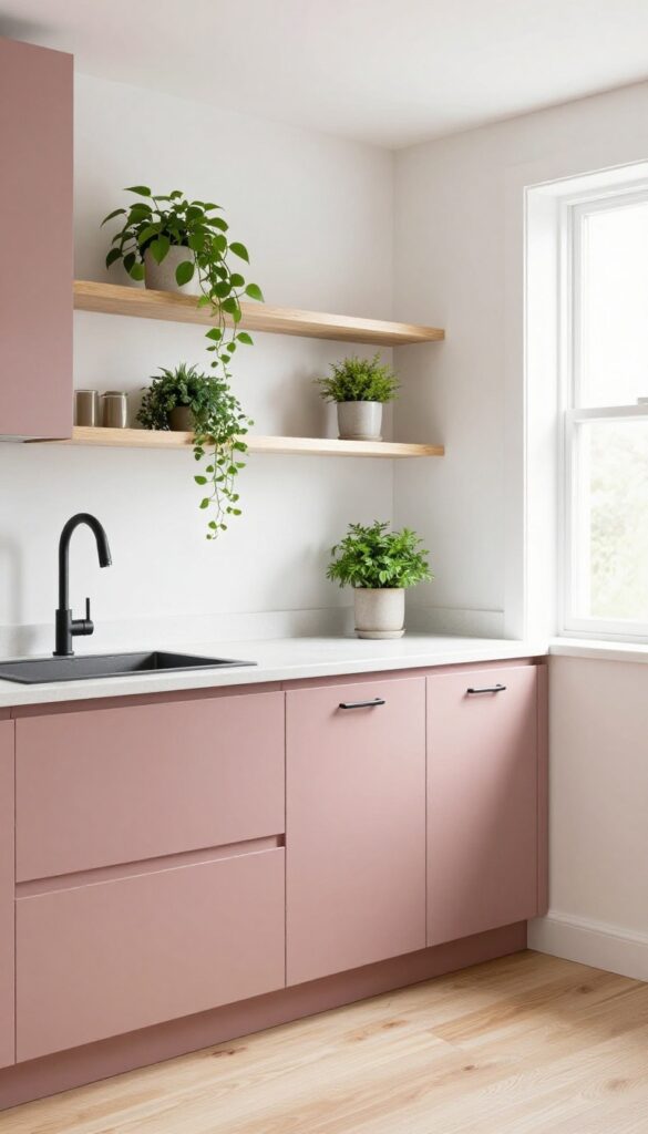 Dusty rose kitchen cabinets with matte black fixtures and light wood floors