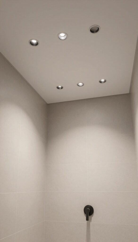 A modern bathroom shower ceiling with mini spotlights arranged in a neat grid pattern for uniform lighting.