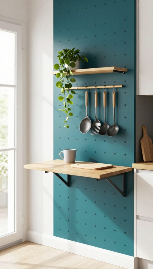 Pegboard wall with folding table in a small kitchen corner