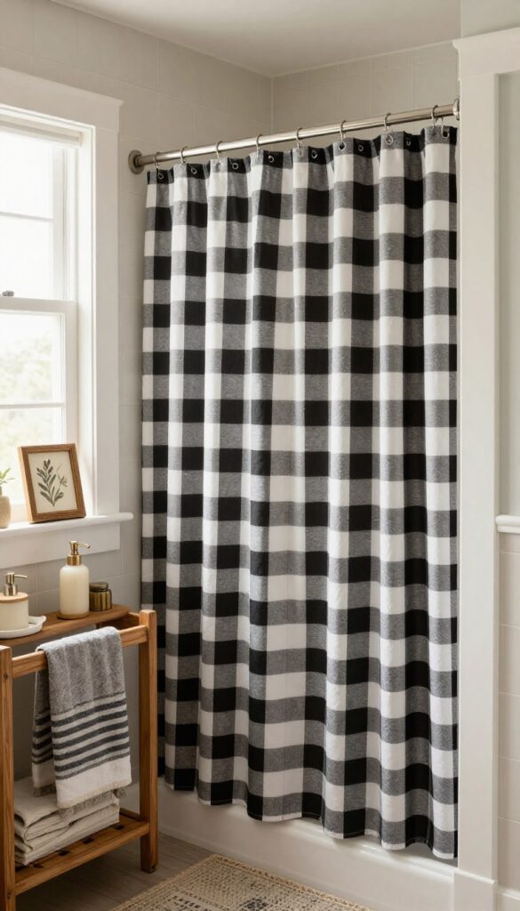 A farmhouse-style bathroom with a black and white checkered shower curtain, wooden accents, and vintage accessories in bright natural light.