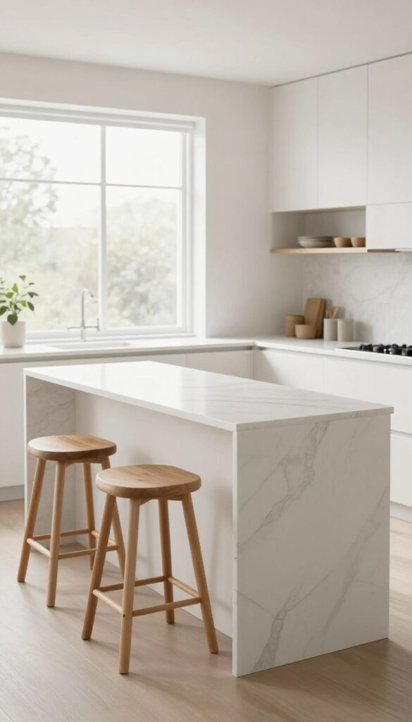 Multi-level kitchen island with breakfast bar overhang, two wooden stools, marble countertop, bright natural light