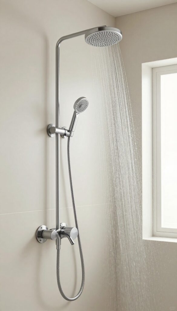Close-up of a thermostatic valve on a shower wall with rainfall showerhead in a bright bathroom
