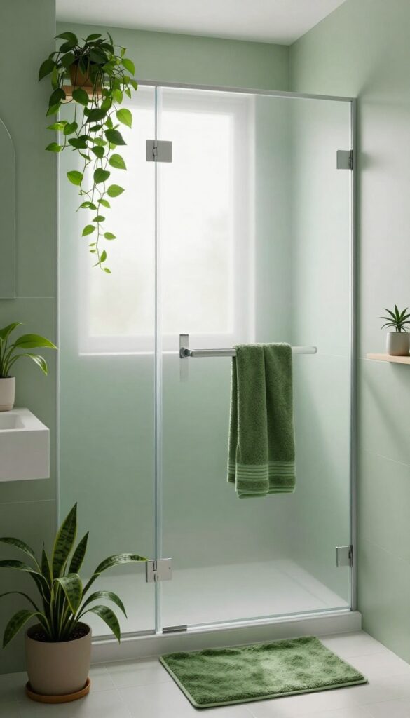 A serene bathroom featuring a frosted glass shower door surrounded by lush greenery and green accents, creating a tranquil, botanical-inspired retreat with natural light