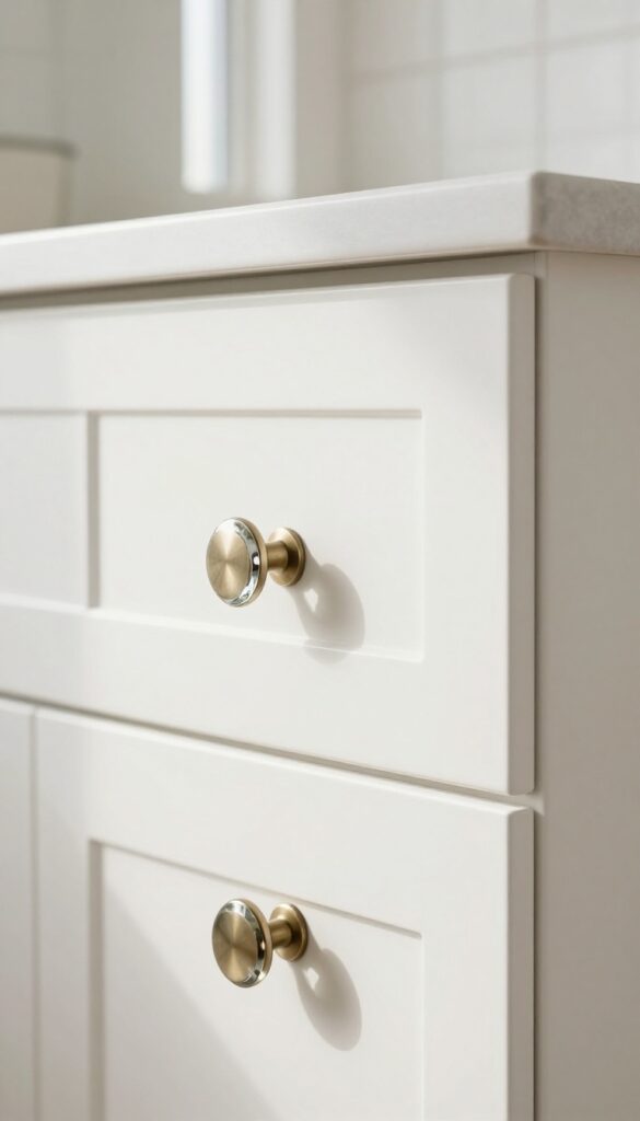 Close-up of white kitchen cabinets with vintage brushed nickel cup pulls and glass knobs in natural light.
