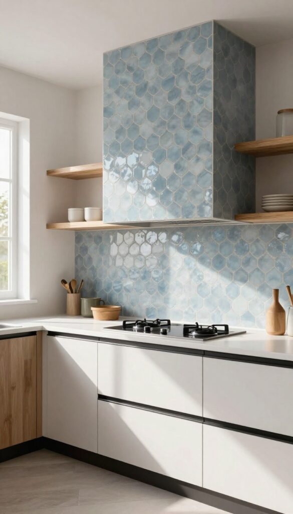 A kitchen range hood covered in matching fish scale tiles, creating a seamless look with the backsplash.