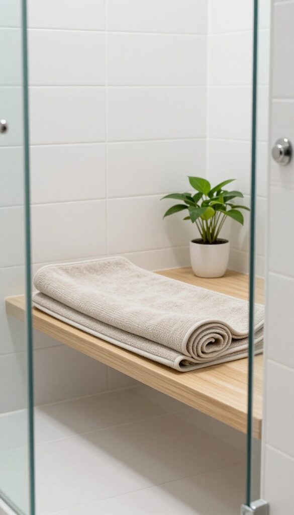 A foldable shower mat rolled up on a shelf in a bright, tidy bathroom, illustrating easy storage and travel convenience for small spaces.