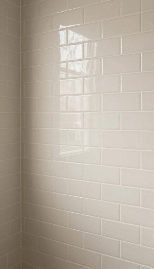 Beige subway tiles in a herringbone pattern on a shower wall, showcasing elegant design with natural light and clean composition.
