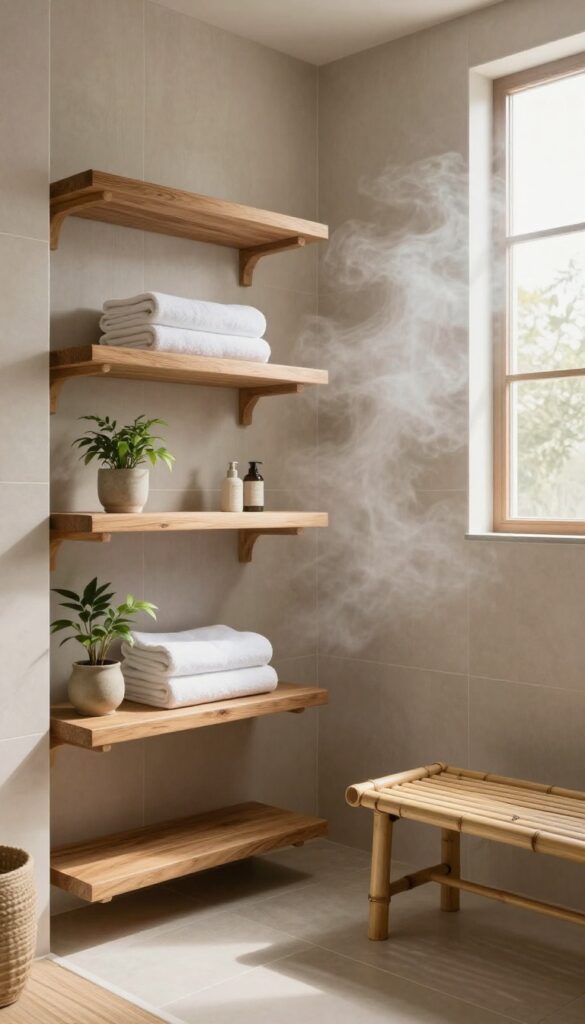 Steam shower with wood accents and natural textures for warmth and coziness