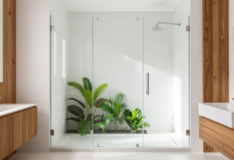 Modern standing shower with glass enclosure, textured tiles, wood bench, and plants in a bright bathroom