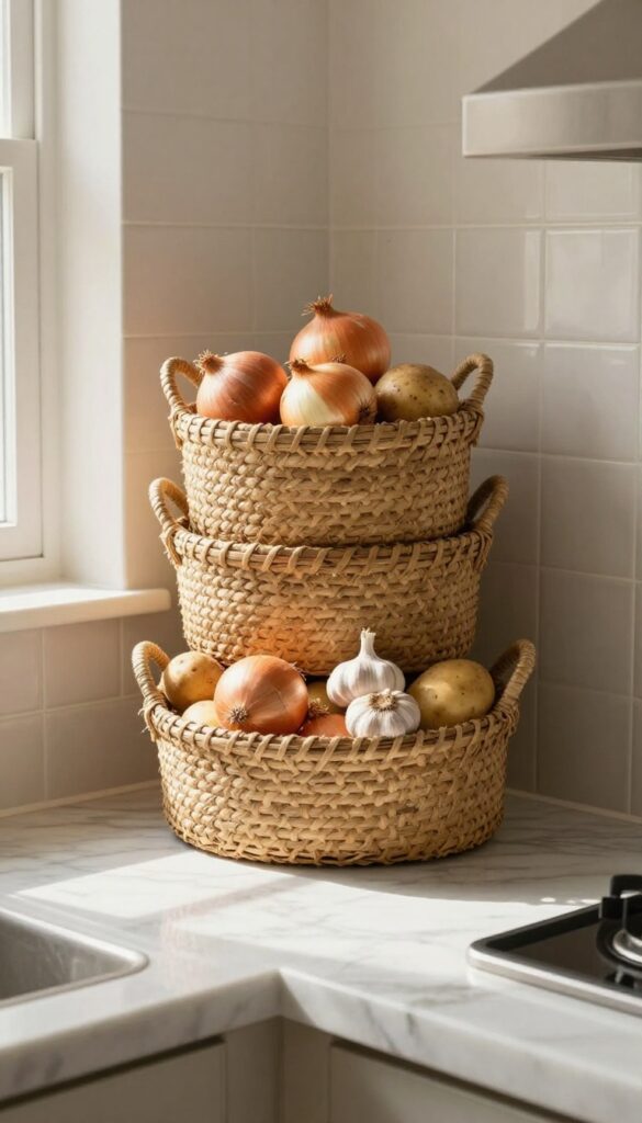 Stacked woven baskets filled with root vegetables on a kitchen island countertop