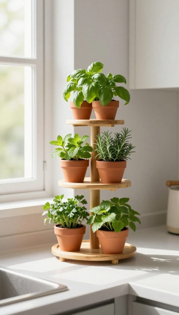 Tiered plant stand in a sunny kitchen corner with herb pots