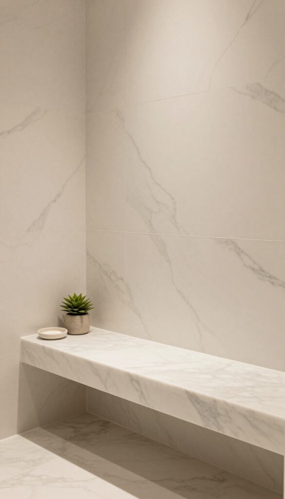 A built-in marble slab shower bench with rounded edges in a bright, clean bathroom setting, showcasing seamless integration and luxurious spa-inspired decor.