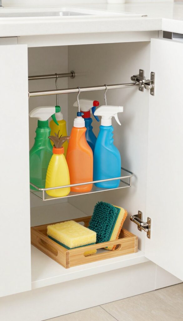 Under-sink cabinet with vertical tension rod holding spray bottles and bamboo caddy for sponges