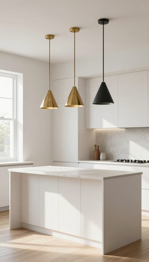 Kitchen island with three pendant lights in mixed metal finishes: brass, black, and nickel.
