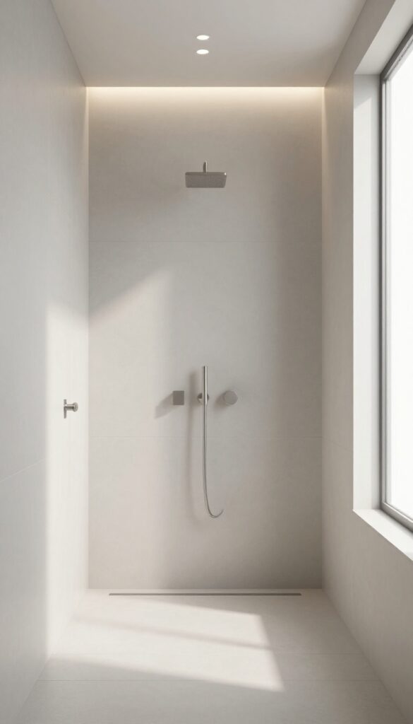 A modern bathroom shower with recessed LED panels on the ceiling providing soft, even lighting, set against neutral gray tiles and brushed nickel fixtures in bright natural light.