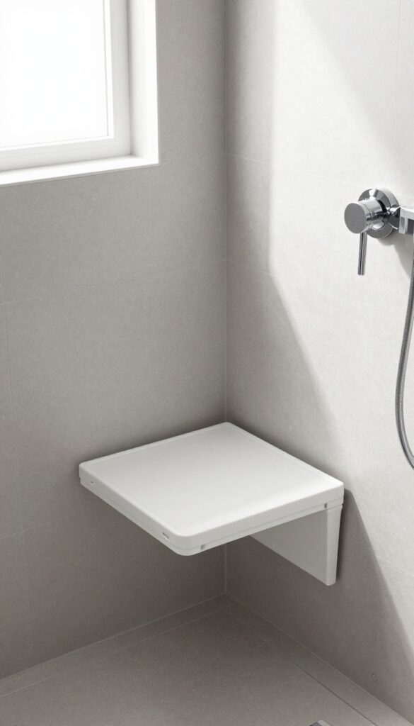 A small shower with a fold-down white plastic seat, folded down against tiled wall, bright natural light, clean and uncluttered.