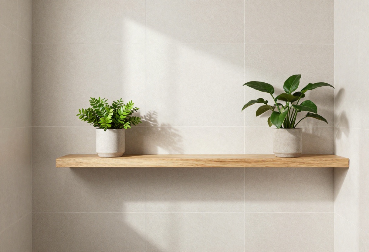Modern bathroom shower with textured tile knee wall and floating wooden shelf, highlighting structure and openness in a serene decor style.