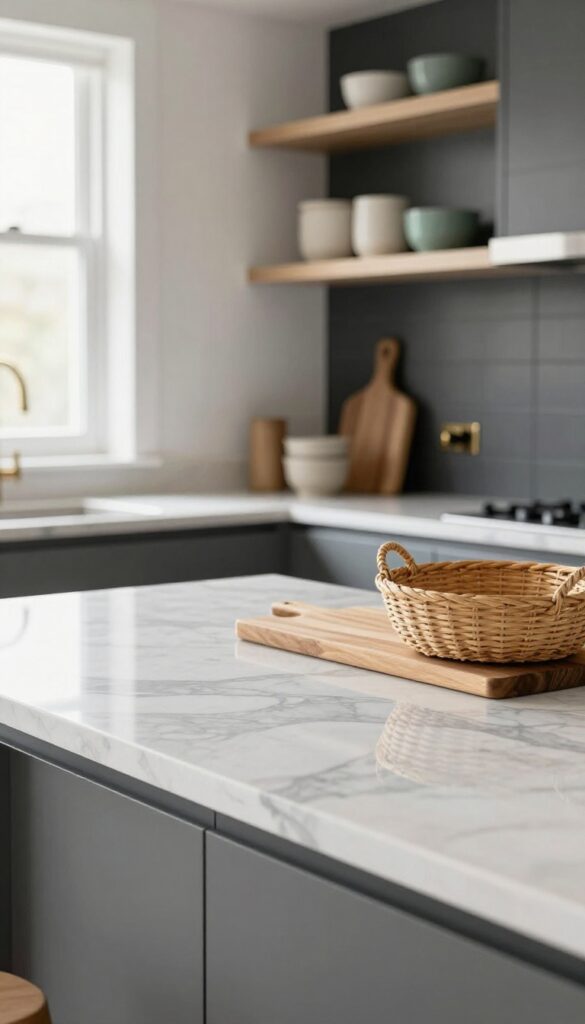 Marble-look quartz countertop with soft gray veining in a bright, airy kitchen