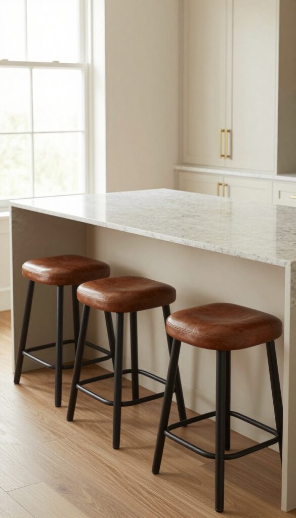 Brown leather bar stools at a kitchen island with warm wood tones and cream cabinetry