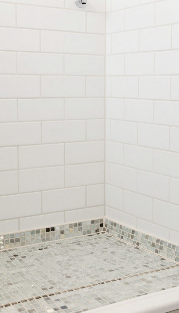 Close-up of a shower curb with mosaic tile accents blending with subway tiles, showcasing subtle sparkle in a bright, modern bathroom.