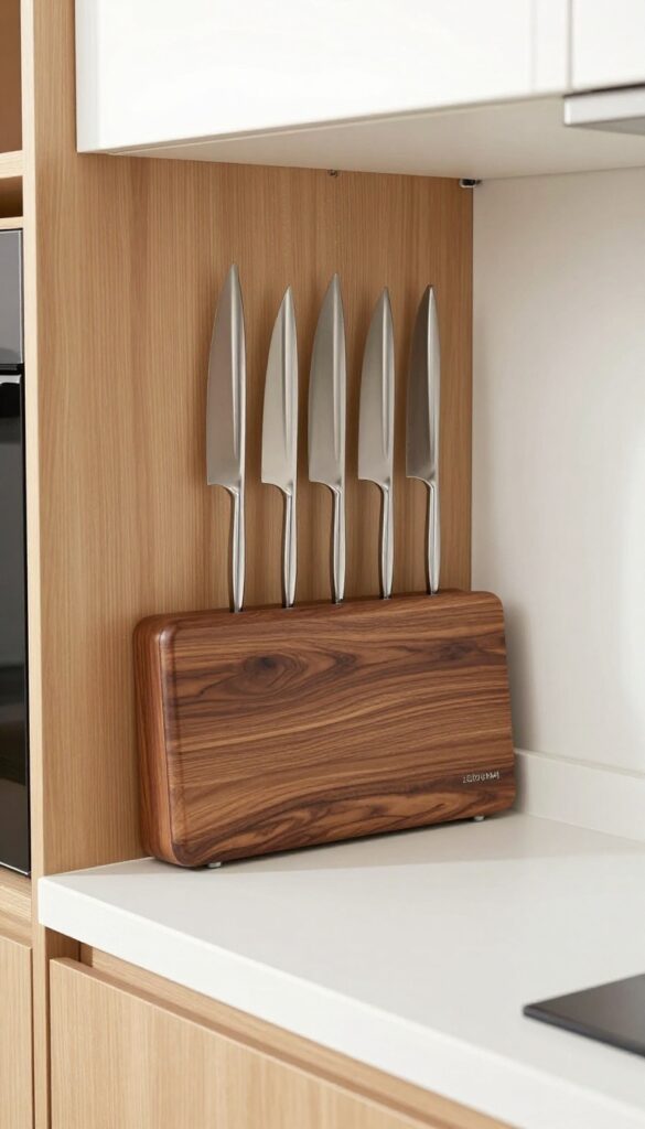 Magnetic knife strip mounted on the side of a wooden cabinet in a small kitchen, holding knives vertically to save counter and drawer space.