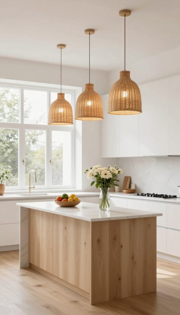 Kitchen island with three woven rattan pendant shades hanging at different heights, warm diffused lighting, white marble countertops, fresh flowers, and large windows.