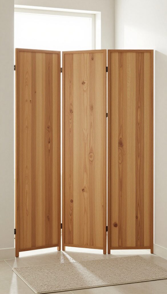 A folding wooden screen used as a space-saving shower partition in a bright, modern bathroom.