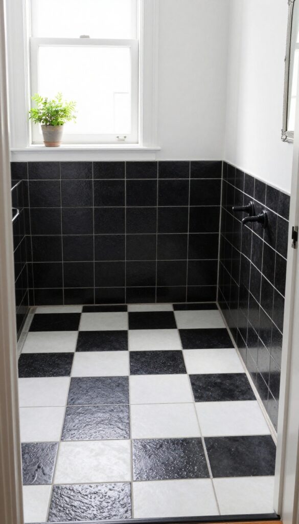 Checkerboard pattern shower floor with black and white tiles in a bright bathroom with retro style.