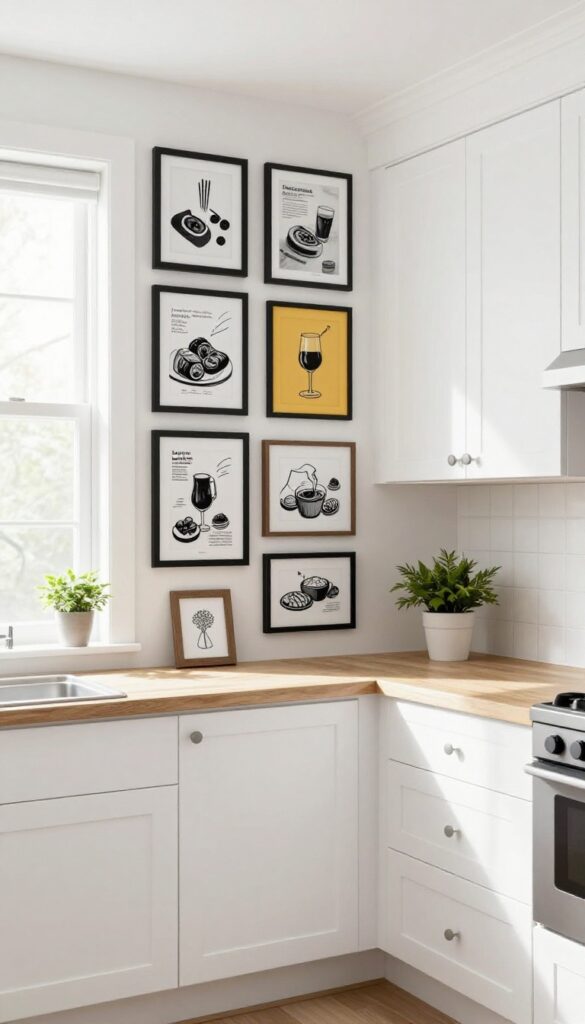 A tiny gallery wall of kitchen art with thrifted frames and food-themed prints on a narrow wall between cabinets and a window in a bright, airy kitchen.