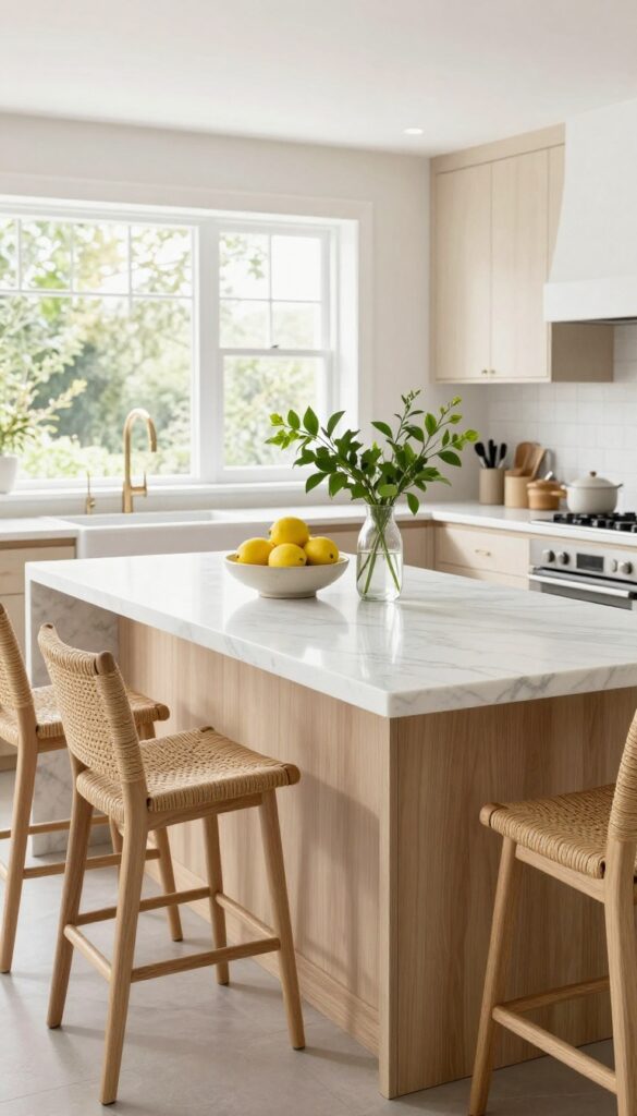 White marble waterfall edge kitchen island with bar stools and decor in bright natural light