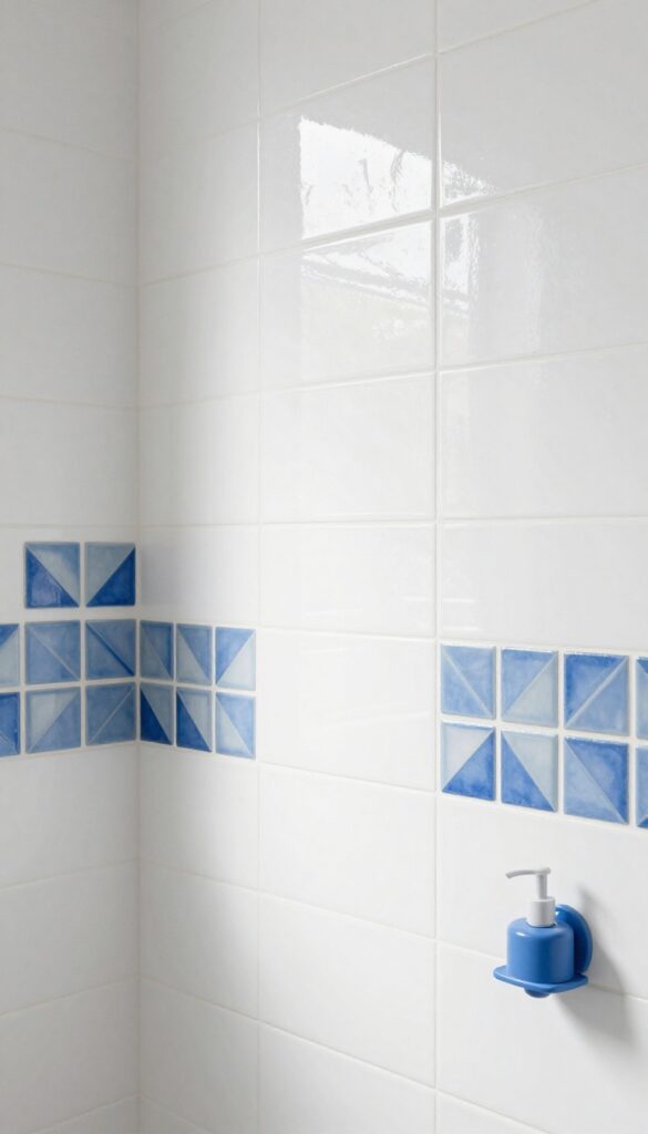Close-up view of peel-and-stick blue geometric tiles on a shower wall, showcasing an easy DIY upgrade for bathrooms without renovation.