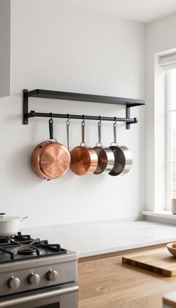 Wall-mounted pot rack over stove in small kitchen with hanging cookware