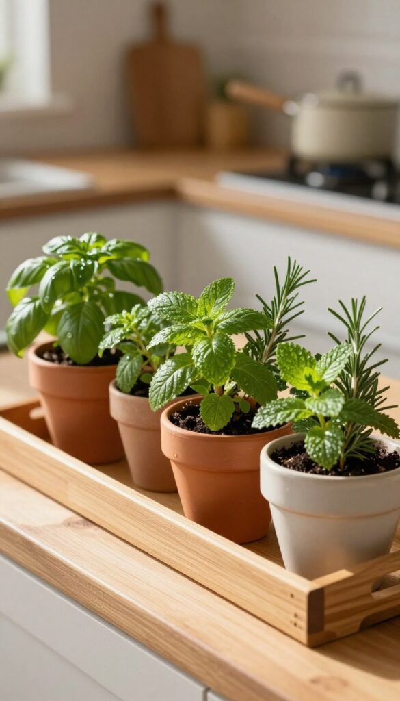 A sunny kitchen windowsill with a tiny herb garden in terracotta and ceramic pots, basil and mint leaves catching morning light.